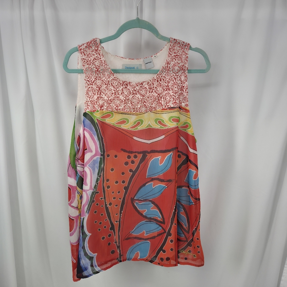 Desigual Womens Multicolor Abstract Eyelet Trim Tank Top Sz XL Artsy Art to Wear